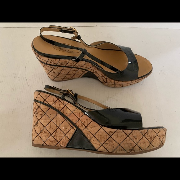 Black patent leather sandals slingback open toe lightweight platform wedges US10 - Picture 6 of 9